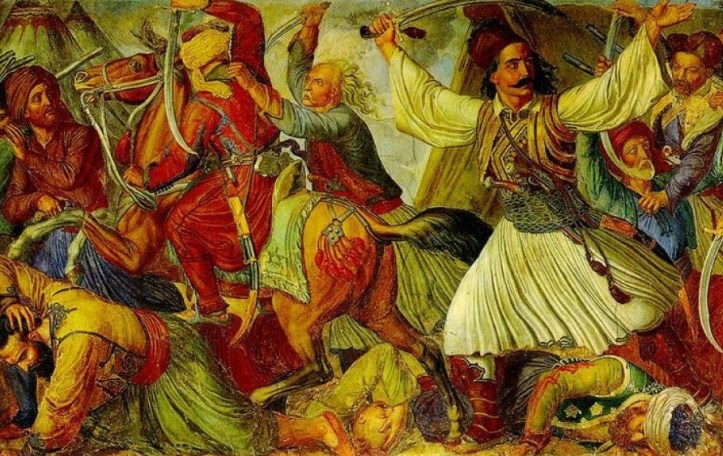 Ο Μάρκος Μπότσαρης επιτίθεται στο στρατόπεδο των Τούρκων στο Καρπενήσι. Τμήμα από τη ζωφόρο με θέματα από την Ελληνική Επανάσταση που κοσμεί την Αίθουσα Ελευθερίου Βενιζέλου.