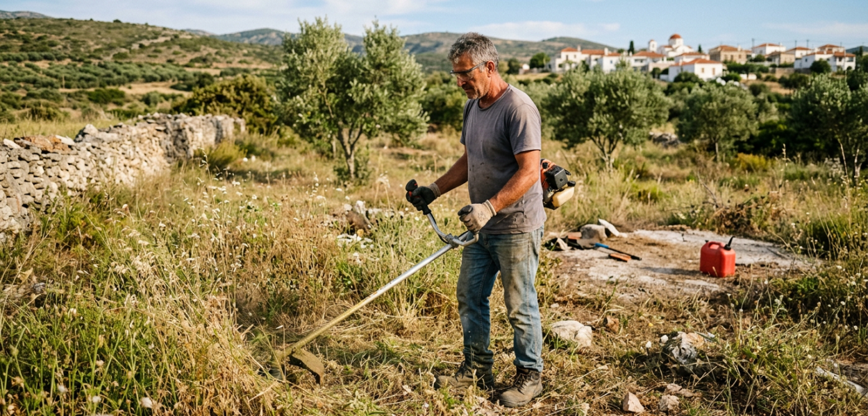 Man using brush cutter to clear overgrown grass in countryside field