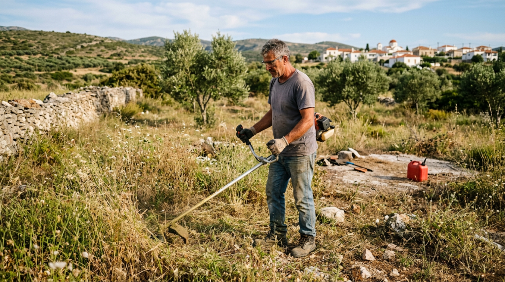 Man using brush cutter to clear overgrown grass in countryside field
