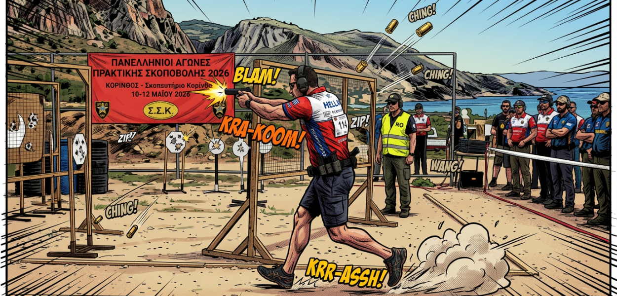 Shooter firing handgun at targets during 2026 Greek Practical Shooting Championship
